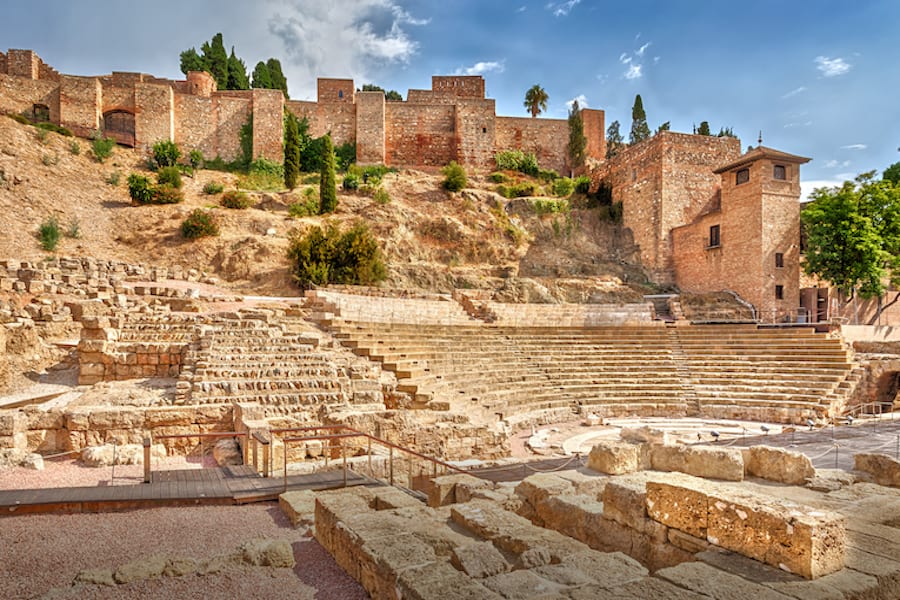 View of the ancient Roman amphitheater and the Alcazaba fortress in Malaga. Malaga. Costa del Sol. Andalusia. Spain.