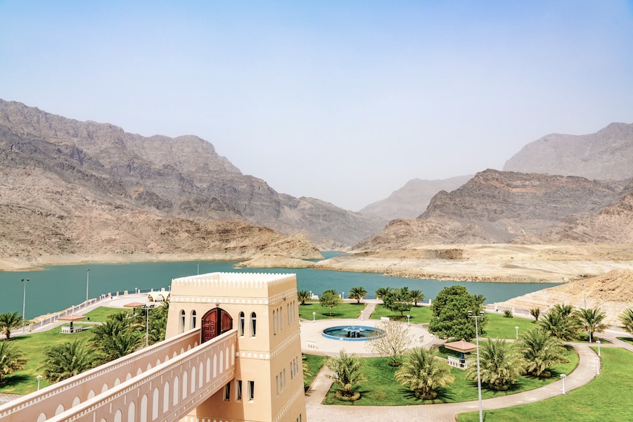 Wadi Dayqah Dam in Qurayyat, Oman. It is located about 70 km southeast of the Omani capital Muscat.