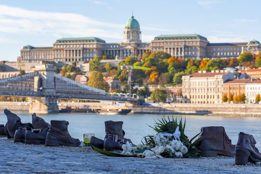 Budapest, Hungary - October 2021: Shoes on Danube embankment (Memorial to World War II victims)