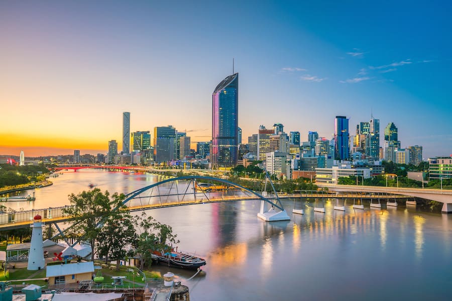 Brisbane city skyline and Brisbane river at twilight in Australia