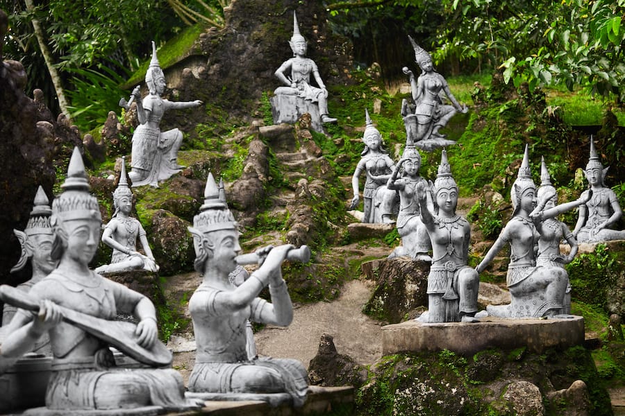 Thailand. Closeup Of Magic Secret Buddha Garden Stone Statues In Koh Samui. Figures Of Human And Deities Dancing And Playing. Place For Relaxation And Meditation. Buddhism. Travel To Asia, Tourism.