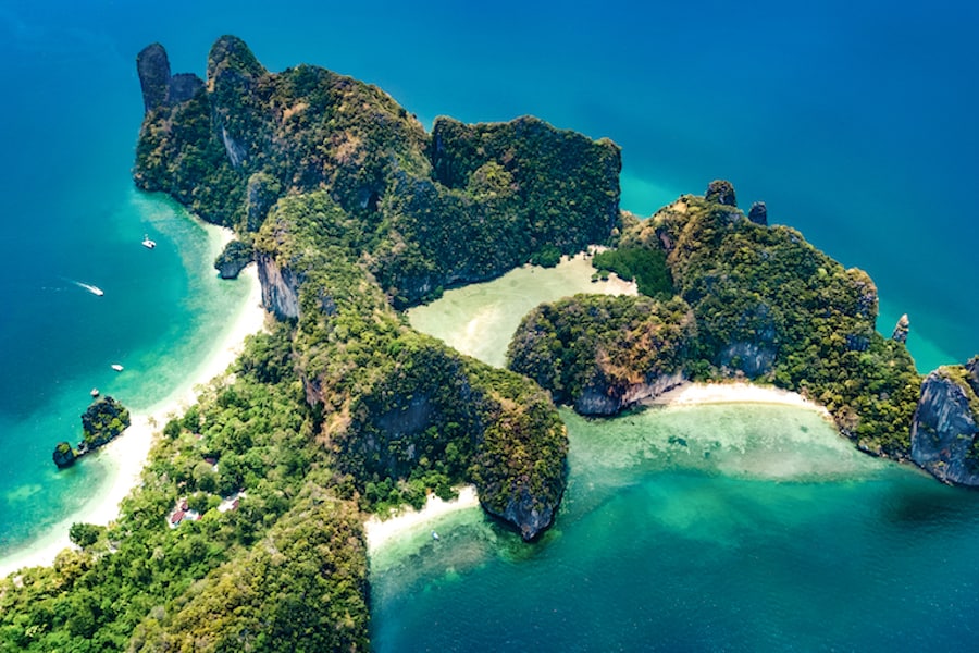 Aerial drone view of tropical Koh Hong island in blue clear Andaman sea water from above, beautiful archipelago islands and beaches of Krabi, Thailand