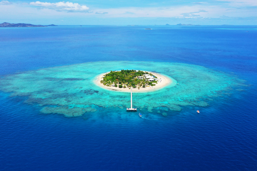 Paradise Island. Aerial View of beautiful Mala Mala Island, Fiji, Pacific Ocean. Drone shot.