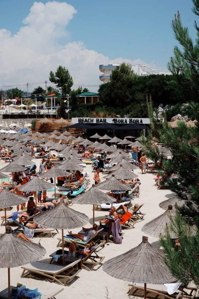 Ksamil, Albania. Blue water beaches and plenty of sunbeds.