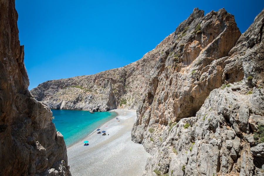 Agiofarago beach, Crete island, Greece. Agiofaraggo is one of the most beautiful beaches in Crete. It is surrounded by cliffs and rocks.