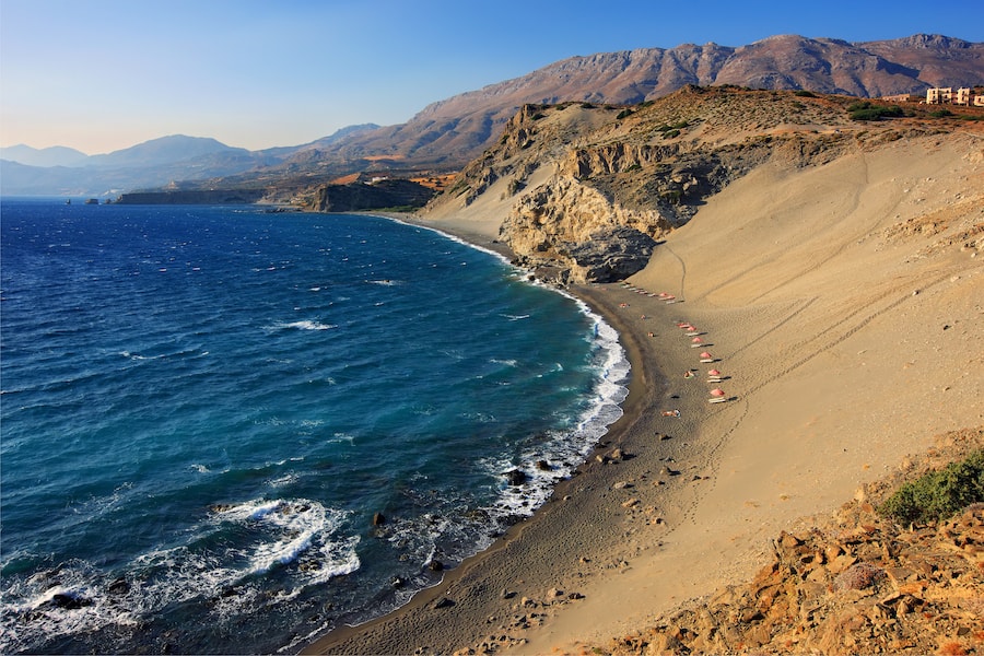 RETHYMNO, CRETE, GREECE. Panoramic view of Agios Pavlos beach at the south coast of the island.