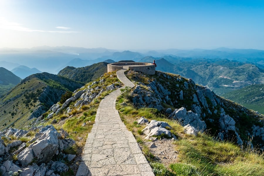Viewpoint at the top of Jezerski mountain, near Njegos mausoleum in  Lovcen National Park. It is the inspiration behind the name of Montenegro, Black Mountain. Summer blue mountain landscape.