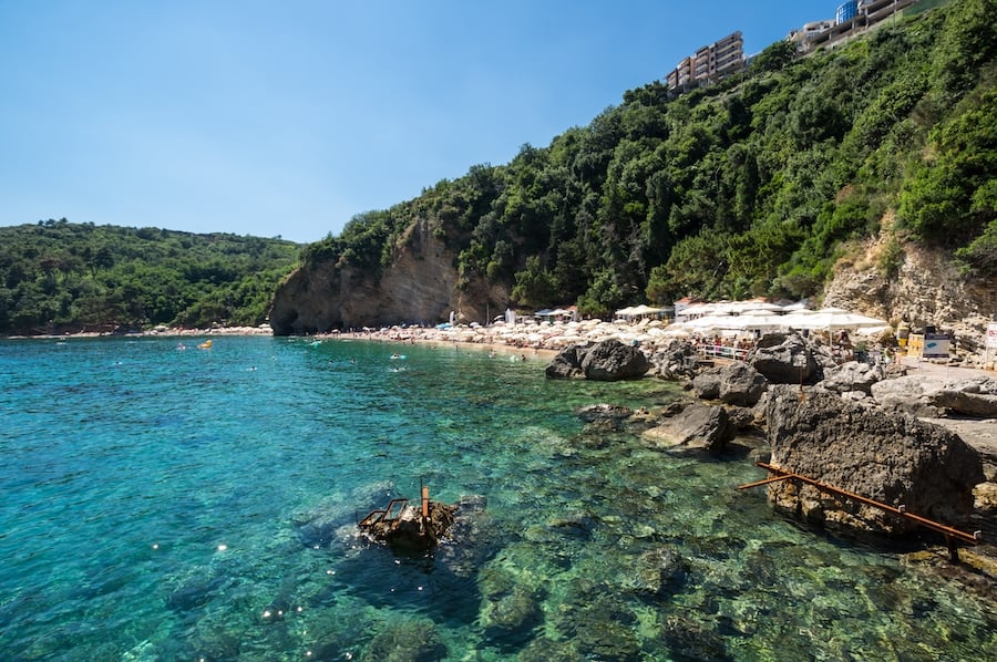 View of Mogren beach, the most popular beach of Budva, Montenegro