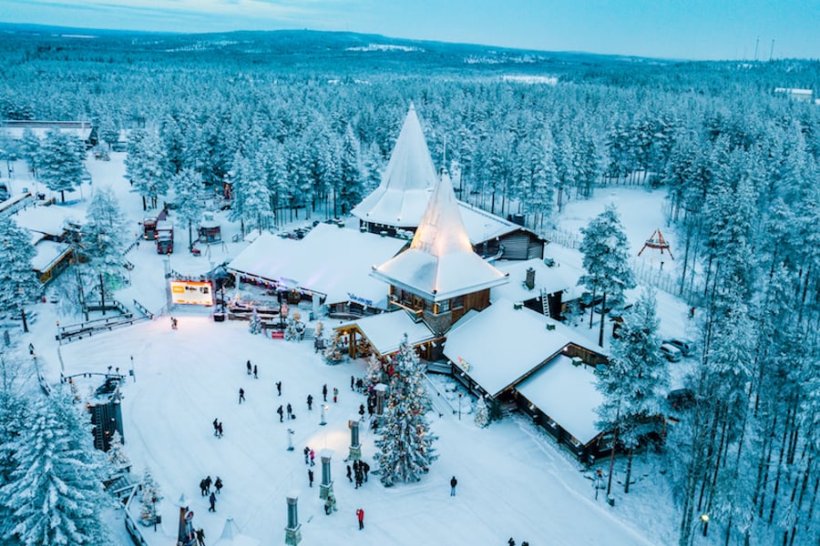 Aerial Santa Claus Holiday Village in Rovaniemi, Lapland during Winter