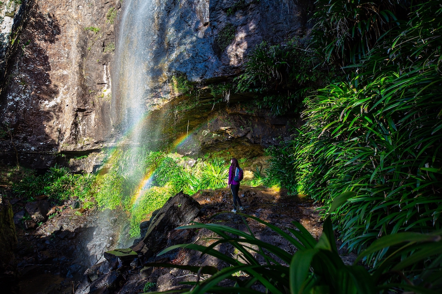 A beautiful girl admires rainbow while a walk behind a spectacular tall waterfall while hiking the Warrie Circuit trail in Springbrook National Park, Gold Coast, Queensland, Australia