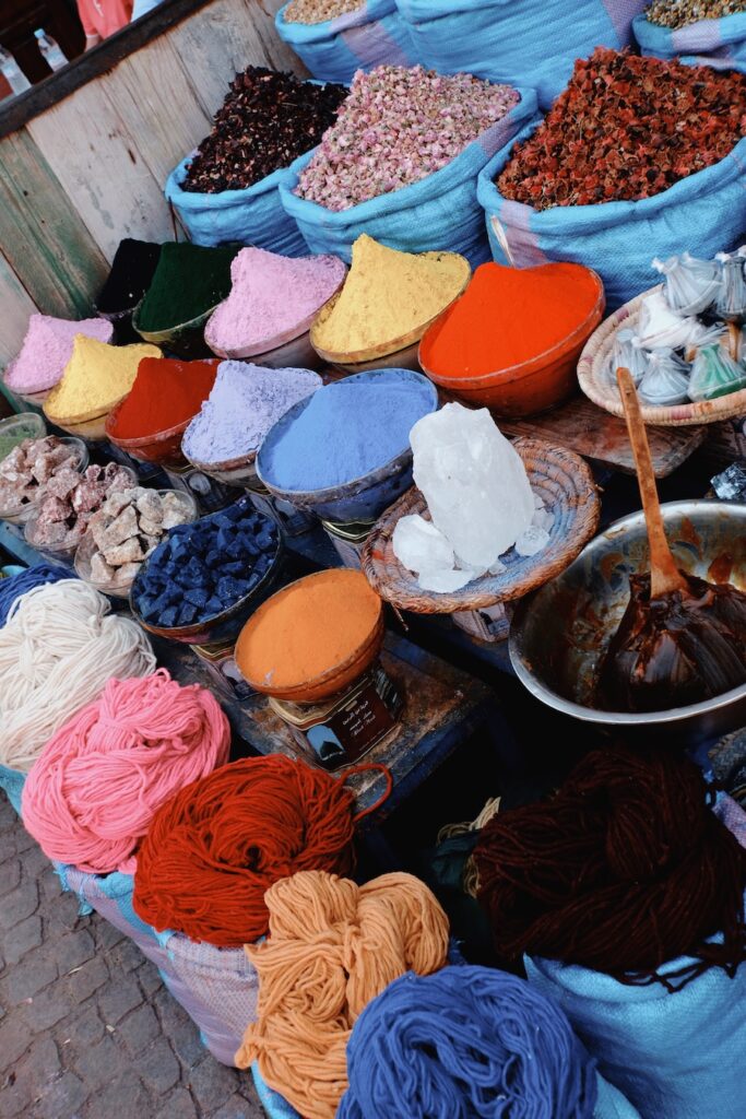 Spices, ceramics, textiles in the Souk in Marrakech