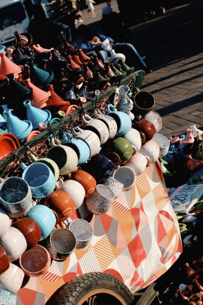 Spices, ceramics, textiles in the Souk in Marrakech