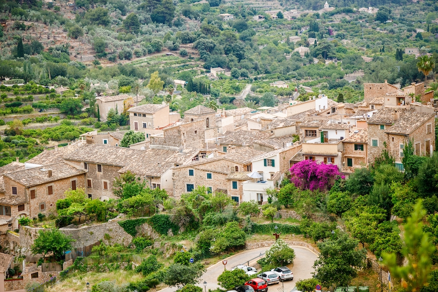 Aerial view of charming Fornalutx village with it's old stone buildings, Mallorca, Spain