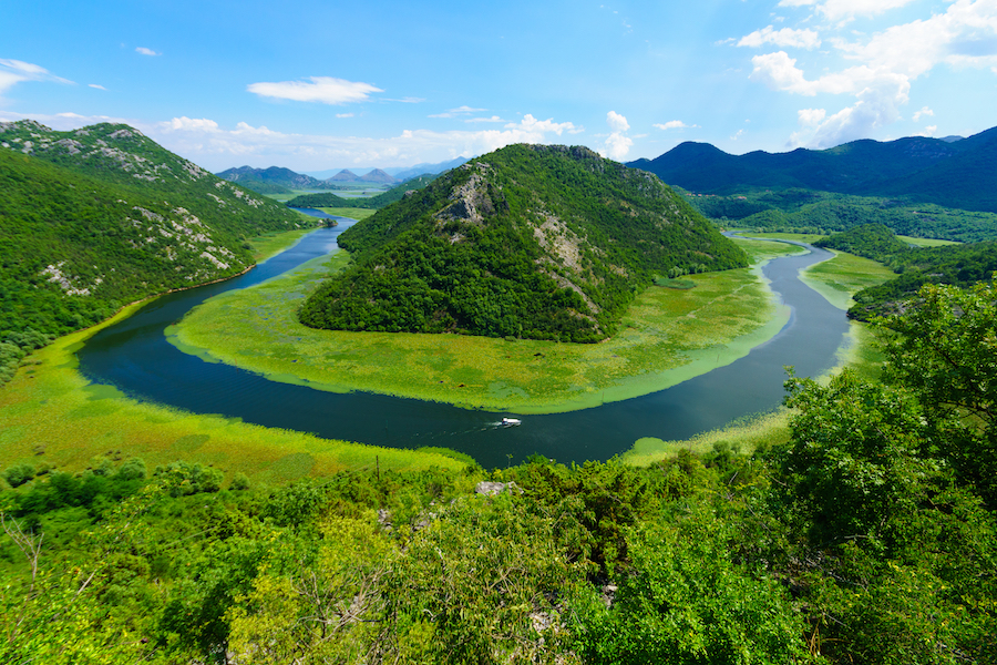 The Green Pyramid and the bend of the Rijeka Crnojevica River, in the northern area of Skadar Lake National Park. Montenegro