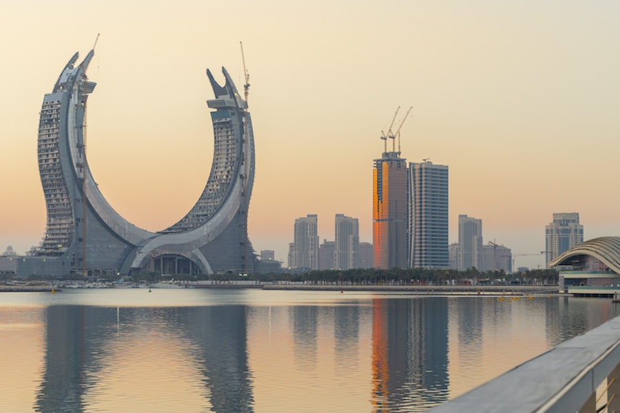 Lusail, Qatar- 19 October 2021: The beautiful newly developing city with many skyscrapers , shot during sunrise