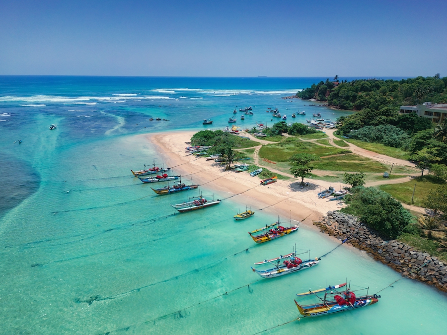 Aerial view of famous beach of the south coast of Sri Lanka, area near the town of Weligama. 